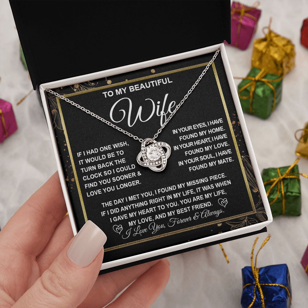 To My Beautiful Wife Necklace Gift for Her, Soulmate for Wife Valentine Gifts from Husband, Wedding Jewelry for Women, Soulmate Gifts, Message Card and Necklace Gifts Box Gift Box Styles on Birthday, Wedding, Anniversary, Valentine Love knot Thang