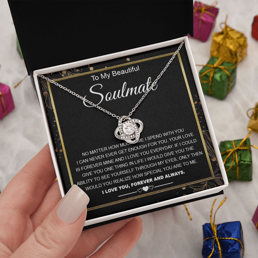 To My Beautiful Soulmate Necklace Gifts for Wife from Husband, Wife Valentine Gifts, Gift for Wife, Message Card and Necklace Gift Box Gift Box Styles on Birthday, Wedding, Anniversary, Valentine Love knot Thang