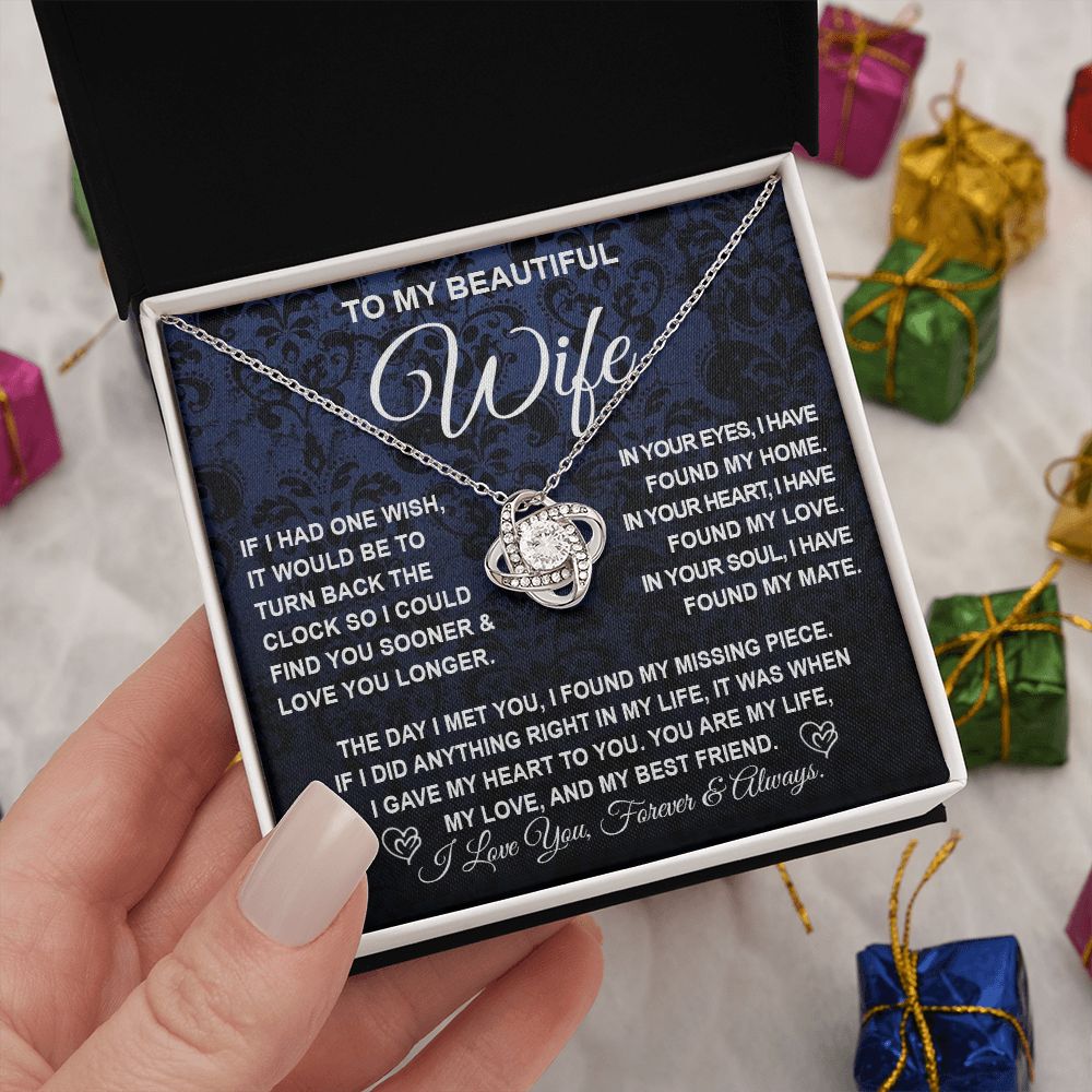 To My Beautiful Wife Necklace Gift for Her, Soulmate for Wife Birthday Gifts from Husband, Wedding Jewelry for Women, Soulmate Gifts, Message Card and Necklace Gifts Box Gift Box Styles on Birthday, Wedding, Anniversary, Valentine Love knot Thang