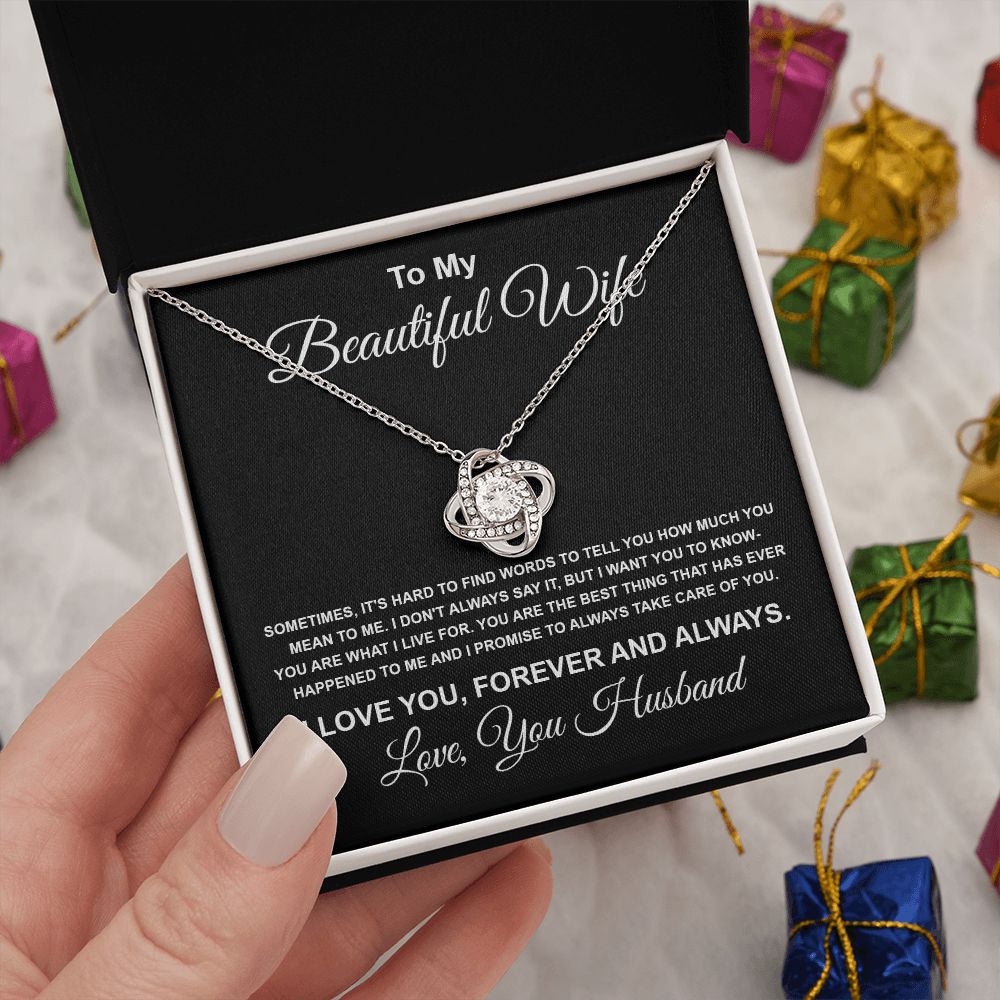 To My Beautiful Wife Necklace From Husband Pendant Jewelry with Message Card and Box Necklaces for Women Valentines Day Happy Anniversary Present for Birthday Merry Christmas for Wife Love knot Thang