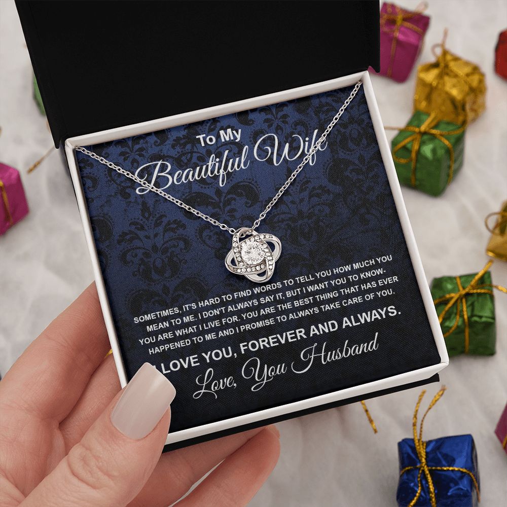 To My Beautiful Wife Necklace From Husband Pendant Jewelry with Message Card and Box Necklaces for Women Valentines Day Happy Anniversary Wedding Present for Birthday Merry Christmas for Wife Love knot Thang