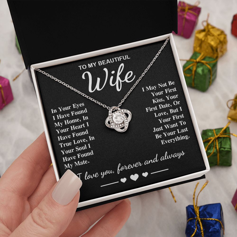 To My Beautiful Wife Necklace Gifts, Soulmate for Wife Birthday Gifts from Husband, Valentine for Women, Soulmate Gifts, Message Card and Necklace Gifts Box Gift Box Styles on Birthday, Wedding, Anniversary, Valentine Love knot Thang