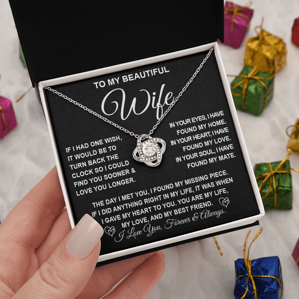 To My Beautiful Wife Necklace Gift for Her, Soulmate for Wife Birthday Gifts from Husband, Valentine Jewelry for Women, Soulmate Gifts, Message Card and Necklace Gifts Box Gift Box Styles on Birthday, Wedding, Anniversary, Valentine Love knot Thang