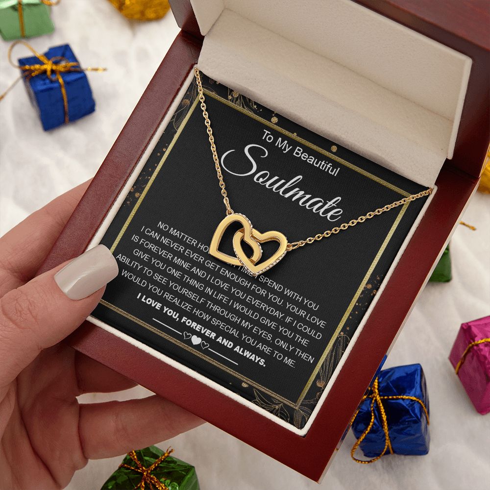 To My Beautiful Soulmate Necklace Gifts for Wife from Husband, Wife Valentine Gifts, Gift for Wife, Message Card and Necklace Gift Box Gift Box Styles on Birthday, Wedding, Anniversary, Valentine Interlocking Heart