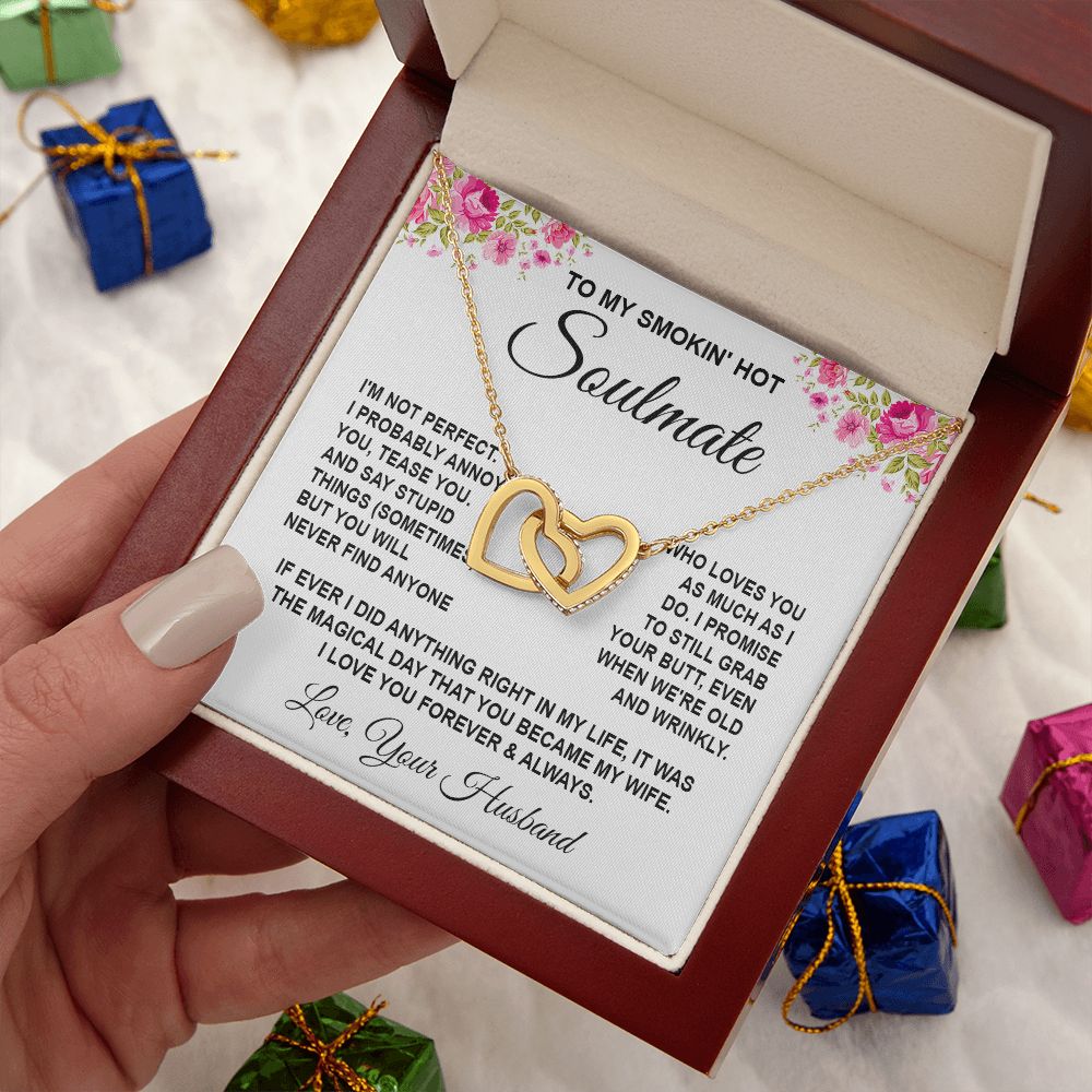 Soulmate Necklace Gifts from Husband, Wedding Anniversary Gifts for Wife from Husband, Wife Valentine Gifts from Husband, To My Wife Necklace Message Card and Necklace Gifts Box Gift Box Styles on Birthday, Wedding, Anniversary, Valentine Interlocking Hea