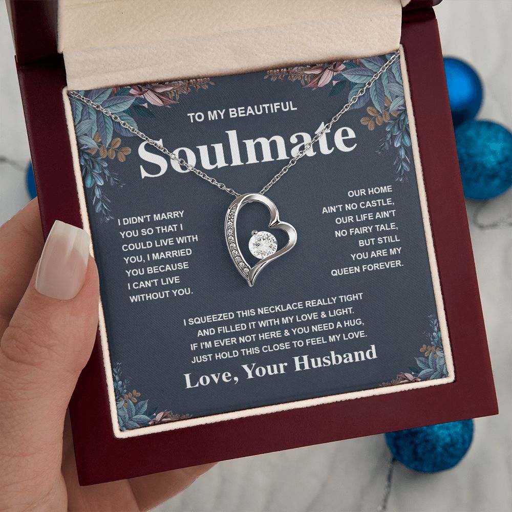Soulmate Necklace Gift From Husband To My Badass Wife Valentines Days Anniversary Jewelry with Message Card and Gift Box. Gift for Wife. Necklace Gift Set for Wife Message Card and Necklace Gifts Box Gift Box Styles Forever Love