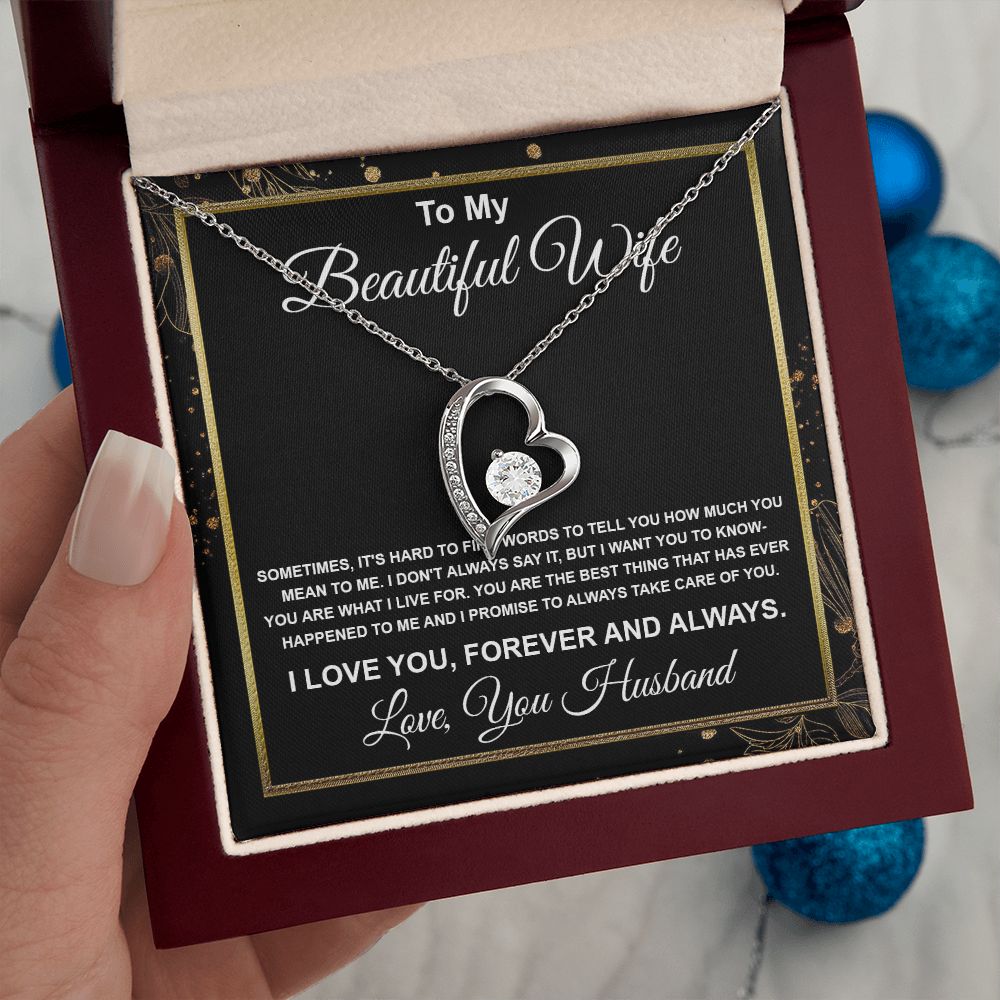 To My Beautiful Wife Necklace From Husband Pendant Jewelry with Message Card and Box Necklaces for Women Valentines Day Happy Anniversary Wedding Present for Birthday, Merry Christmas for Wife Forever Love