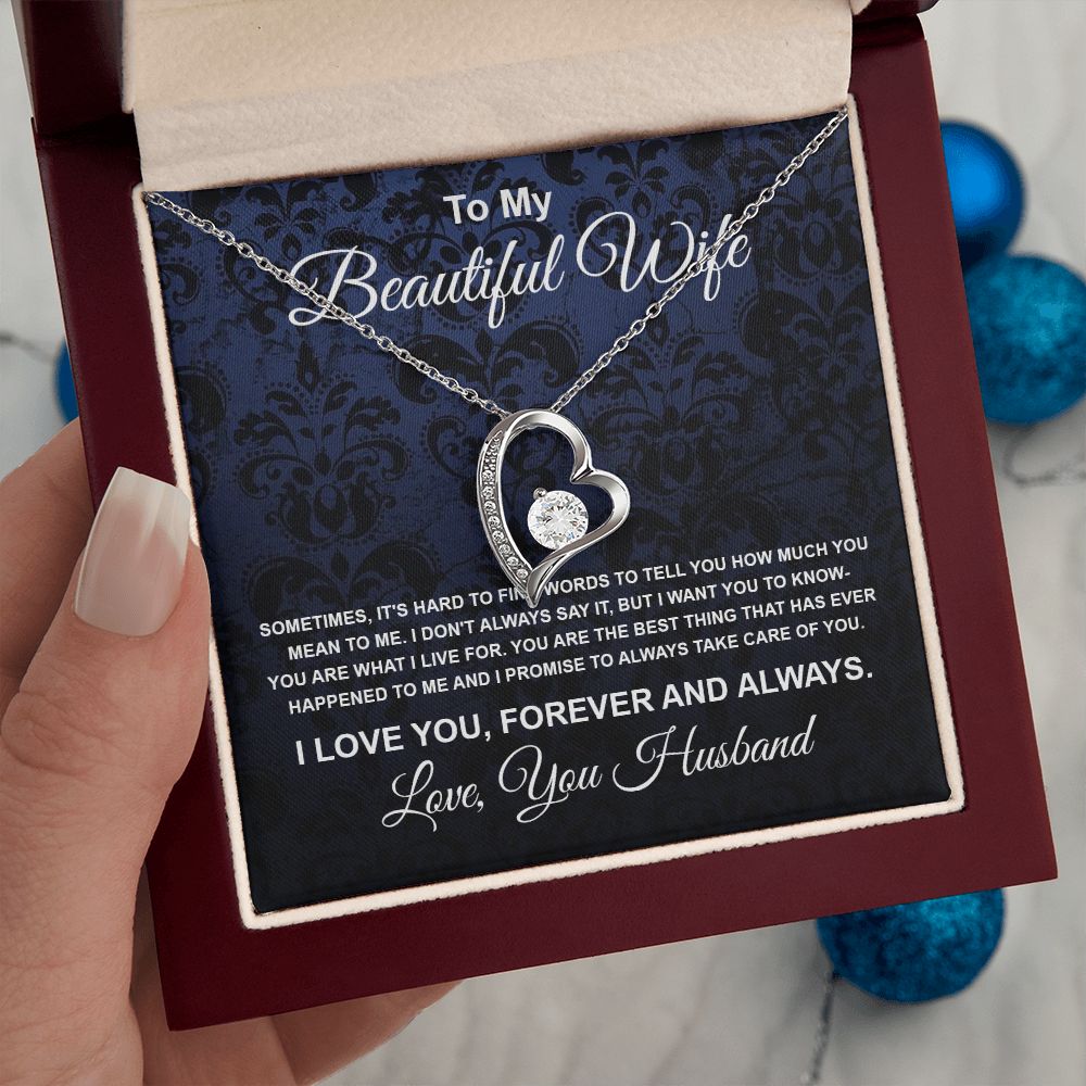 To My Beautiful Wife Necklace From Husband Pendant Jewelry with Message Card and Box Necklaces for Women Valentines Day Happy Anniversary Wedding Present for Birthday Merry Christmas for Wife Forever Love