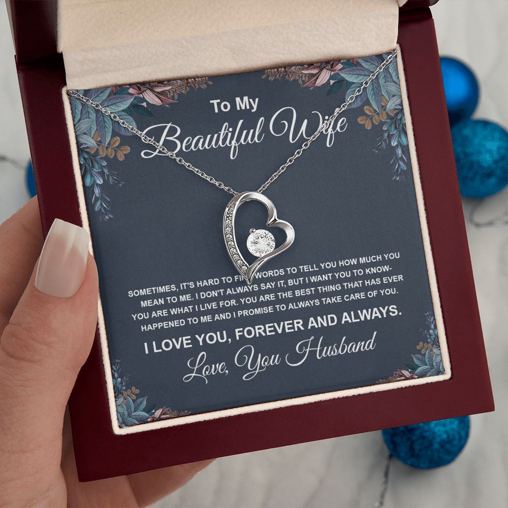 To My Beautiful Wife Necklace From Husband Pendant Jewelry with Message Card and Box Necklaces for Women Valentines Day Happy Anniversary Wedding Present for Birthday Merry Christmas for Wife Necklace Forever Love