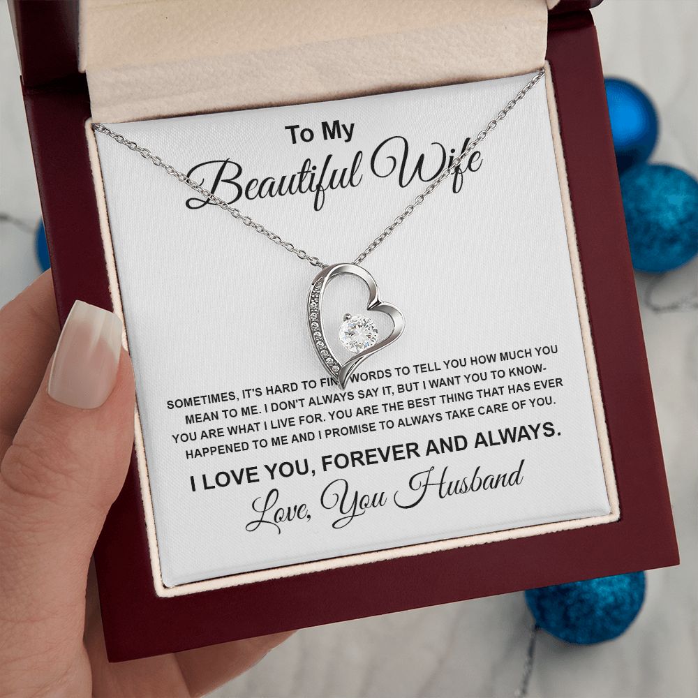 To My Beautiful Wife Necklace From Husband Pendant Jewelry with Message Card and Box Necklaces for Women Valentines Day Happy Wedding Present for Birthday Merry Christmas for Wife Forever Love