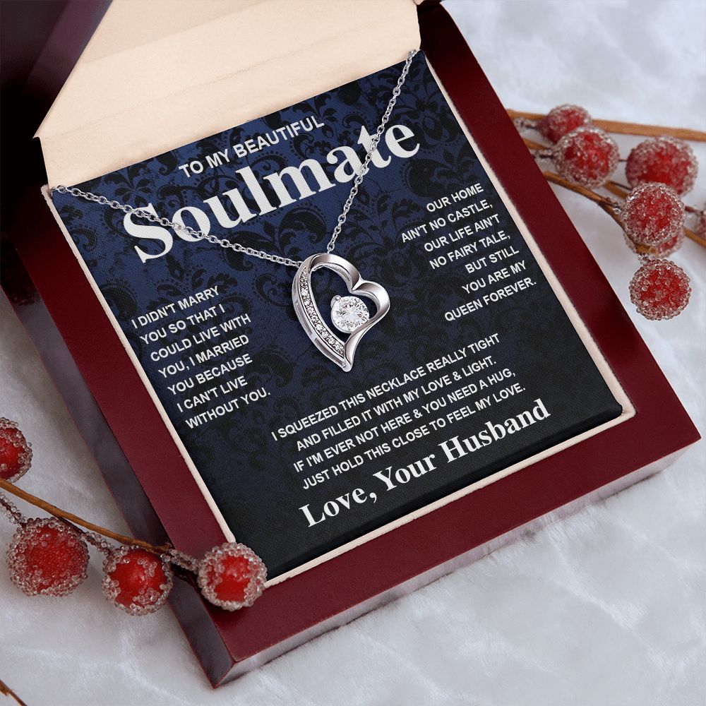 Soulmate Necklace Gift From Husband To My Badass Wife Valentines Day Anniversary Jewelry with Message Card and Gift Box. Gift for Wife. Necklace Gift Set for Wife Message Card and Necklace Gifts Box Gift Box Styles Forever Love