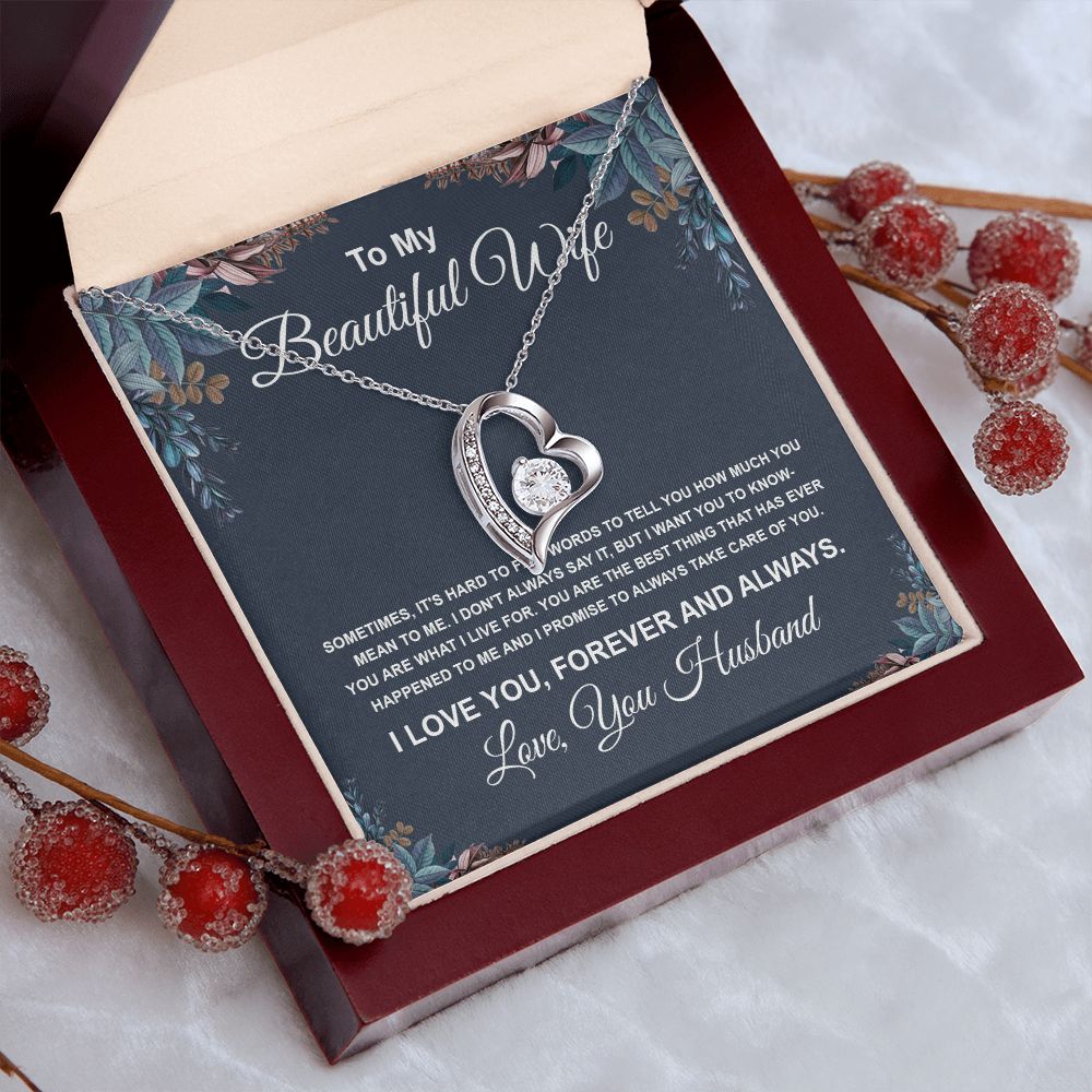 To My Beautiful Wife Necklace From Husband Pendant Jewelry with Message Card and Box Necklaces for Women Valentines Day Happy Anniversary Wedding Present for Birthday Merry Christmas for Wife Necklace Forever Love