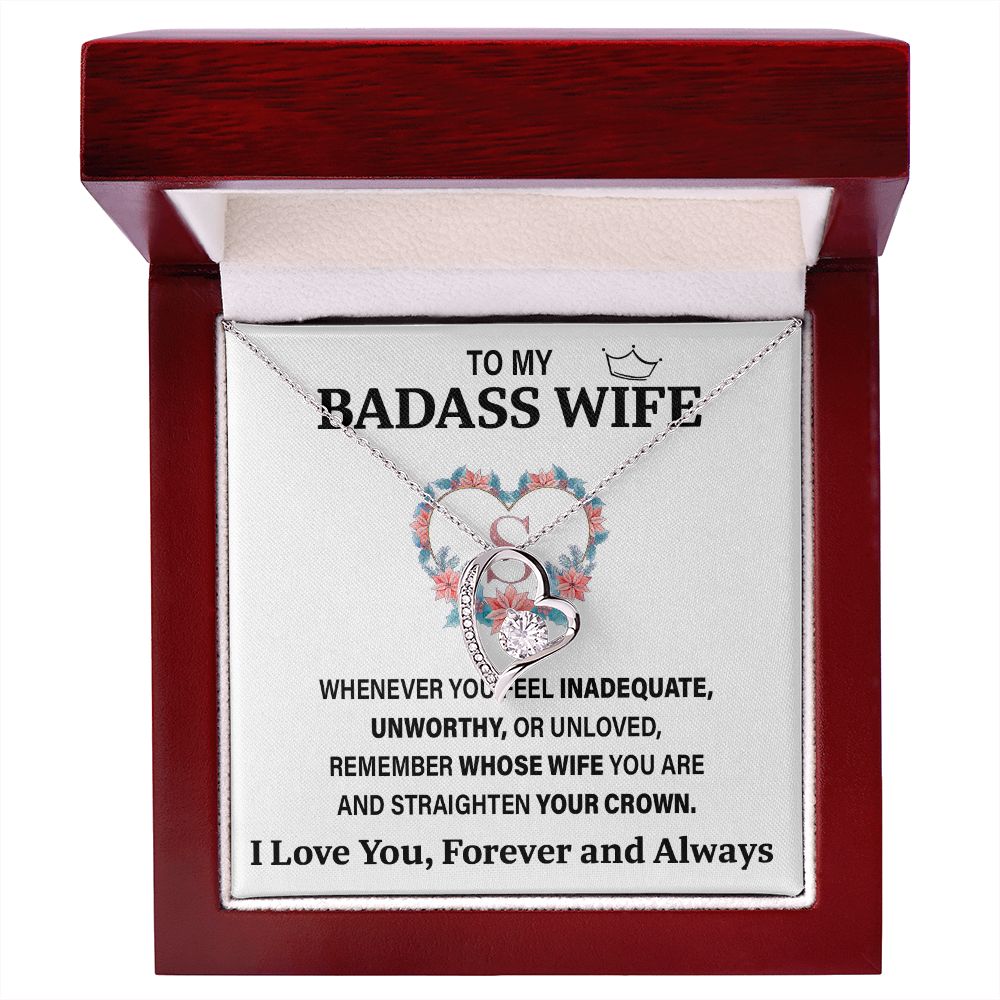 Wife Necklace Gifts From Husband To My Badass Wife Pendant Valentines Day Anniversary Jewelry with Message Card and Gift Box. Gift for Wife. Necklace Gift Set for Wife Forever Love