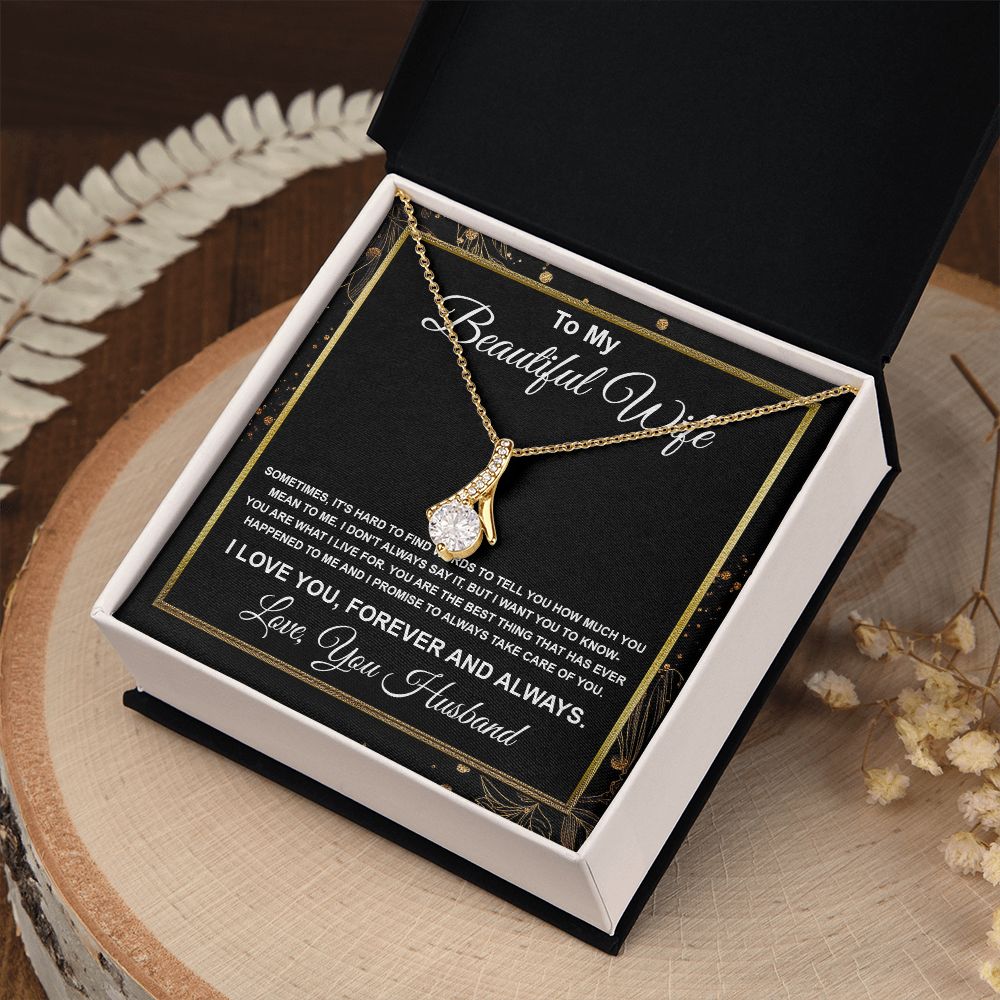 To My Beautiful Wife Necklace From Husband Pendant Jewelry with Message Card and Box Necklaces for Women Valentines Day Happy Anniversary Wedding Present for Birthday, Merry Christmas for Wife Allruing Necklace