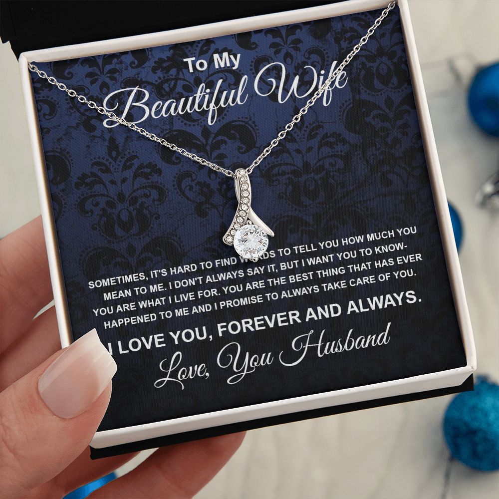 To My Beautiful Wife Necklace From Husband Pendant Jewelry with Message Card and Box Necklaces for Women Valentines Day Happy Anniversary Wedding Present for Birthday Merry Christmas for Wife Allruing Necklace