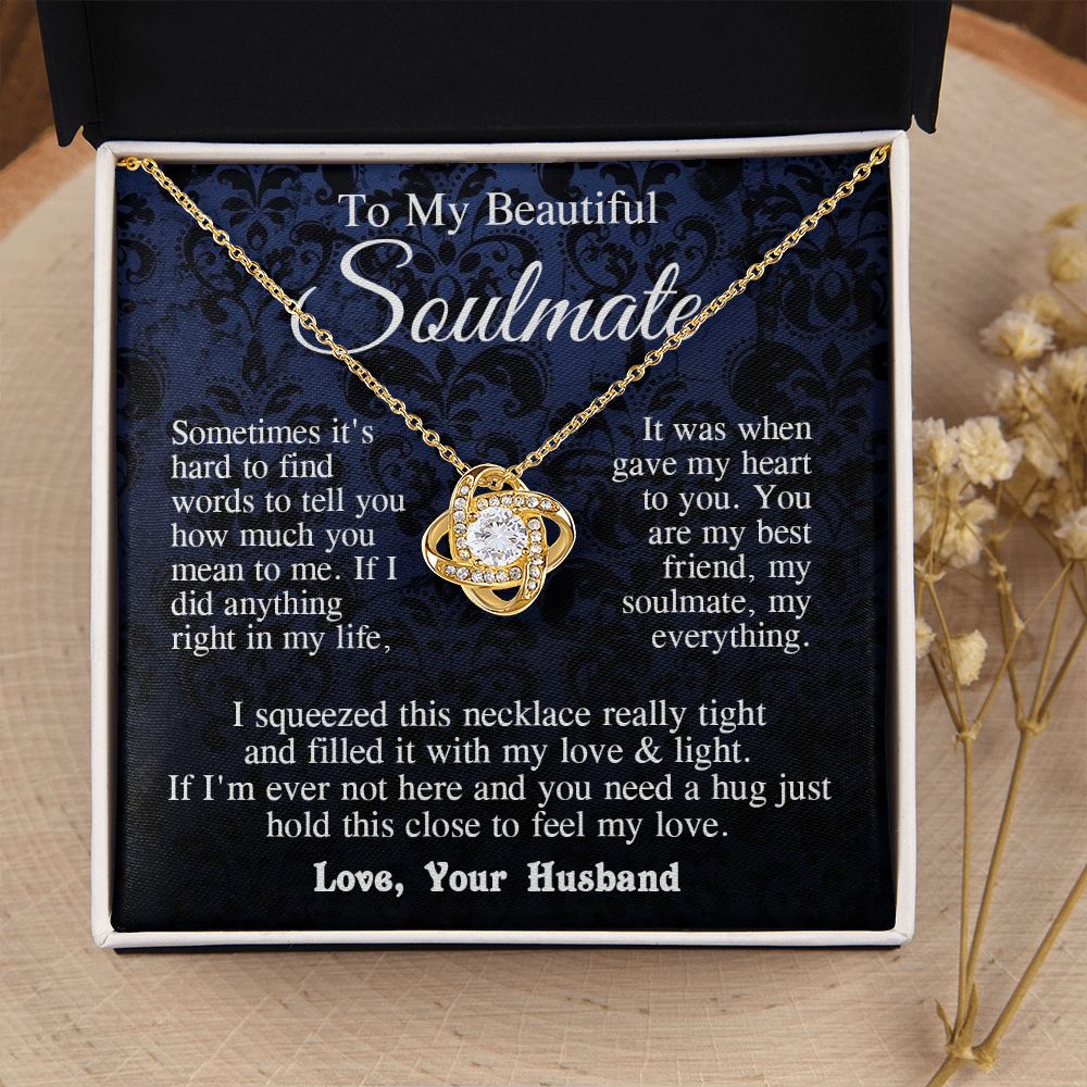 Soulmate Necklace from Husband, Anniversary Romantic Gift for Wife from Husband to My Wife Necklaces for Wife Birthday Gifts, Wife Jewelry Necklace Message Card and Necklace Gift Box Gift Box Styles on Birthday, Wedding, Anniversary, Valentine Love knot T