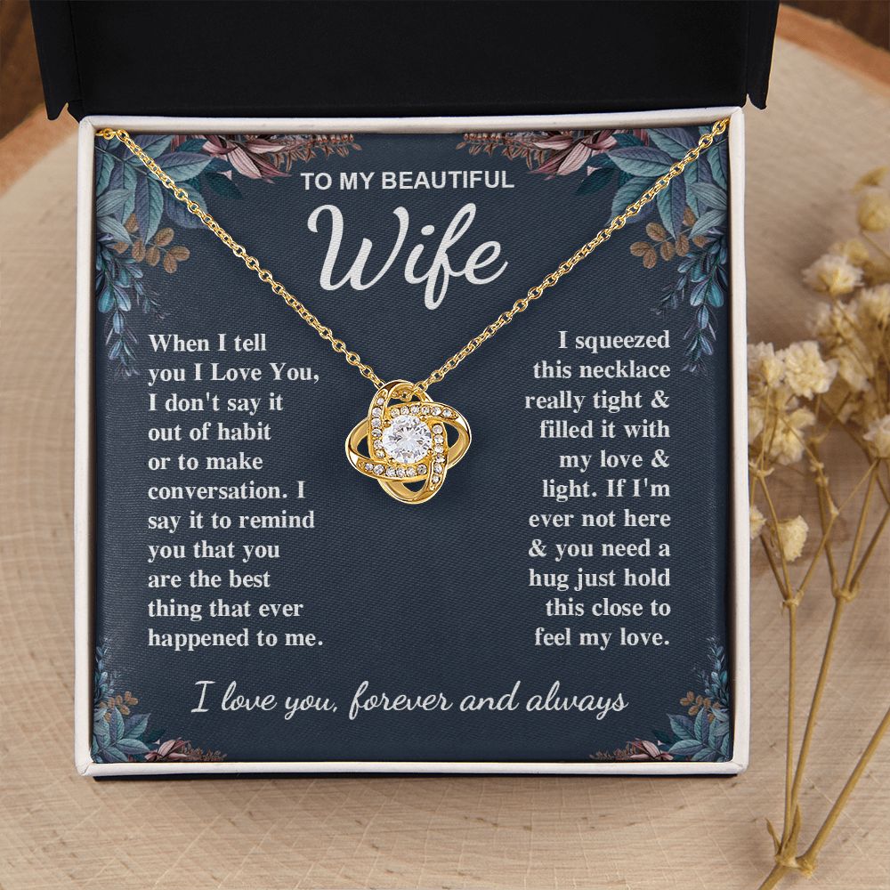 To My Beautiful Wife Necklace Gift for Her, Soulmate for Wife Valentine Gifts from Husband, Birthday for Women, Soulmate Gifts, Message Card and Necklace Gifts Box Gift Box Styles on Birthday, Wedding, Anniversary, Valentine Love knot Thang