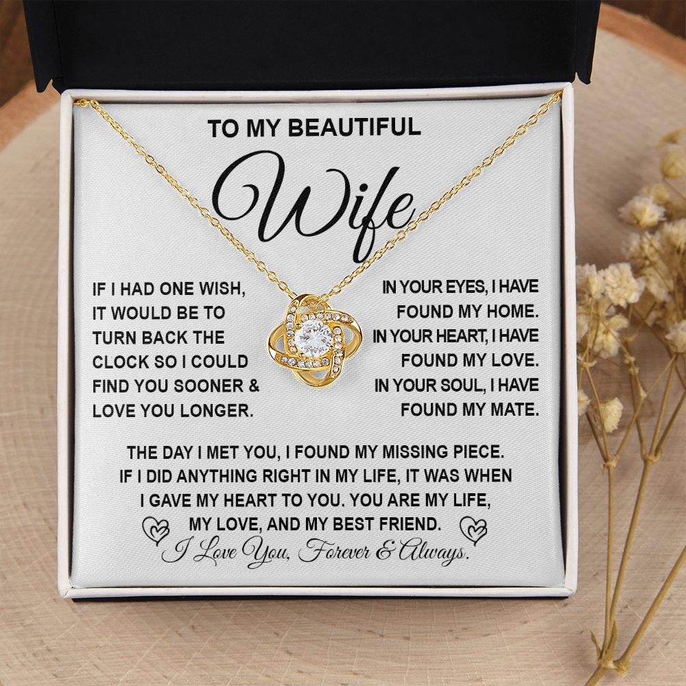 To My Beautiful Wife Necklace Gift for Her, Soulmate for Wife Birthday Gifts from Husband, Anniversary Jewelry for Women, Soulmate Gifts, Message Card and Necklace Gifts Box Gift Box Styles on Birthday, Wedding, Anniversary, Valentine Love knot Thang