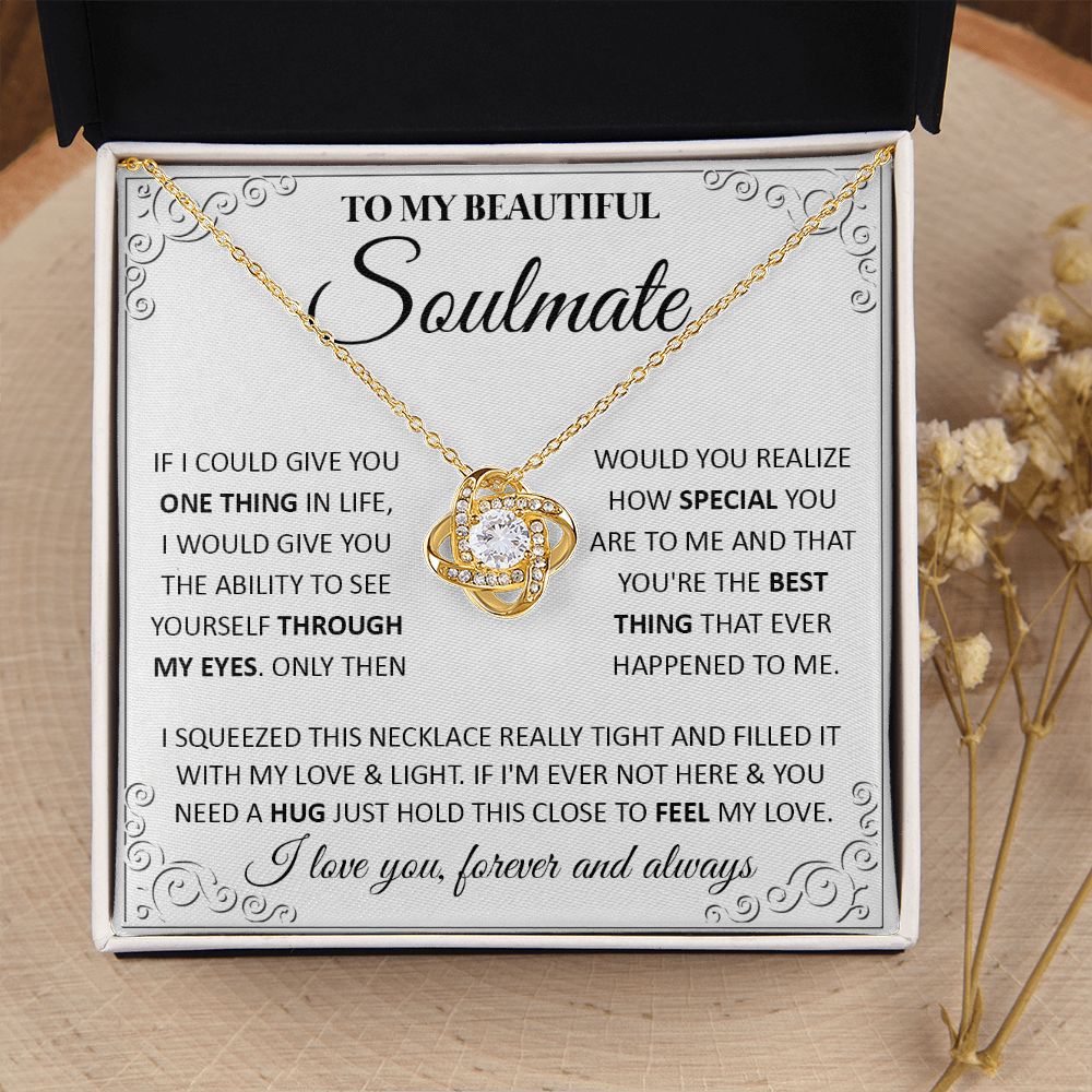 Couples Gifts, To My Beautiful Soulmate Necklace From Husband, Wedding Anniversary For Wife From Husband, Wife Wedding From Husband, To My Wife, Necklace Custom Name Message Card and Gift Box Styles on Birthday, Christmas, Wedding, Anniversary Love knot T