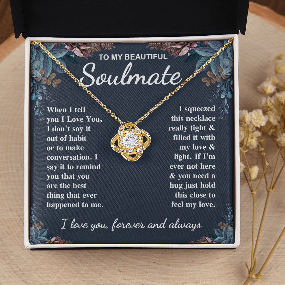 To My Beautiful Soulmate Necklace Gift for Her, Soulmate for Wife Valentine Gifts from Husband, Birthday for Women, Soulmate Gifts, Message Card and Necklace Gifts Box Gift Box Styles on Birthday, Wedding, Anniversary, Valentine Love knot Thang