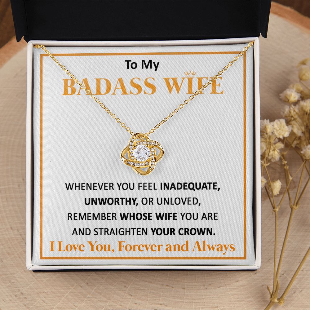 Couples Gifts, To My Badass Dear Wife Necklace Gifts From Husband, Wedding Anniversary For Wife From Husband, Wife Birthday From Husband, Necklace Custom Name Message Card and Gift Box Styles on Birthday, Christmas, Wedding, Anniversary Love knot Thang