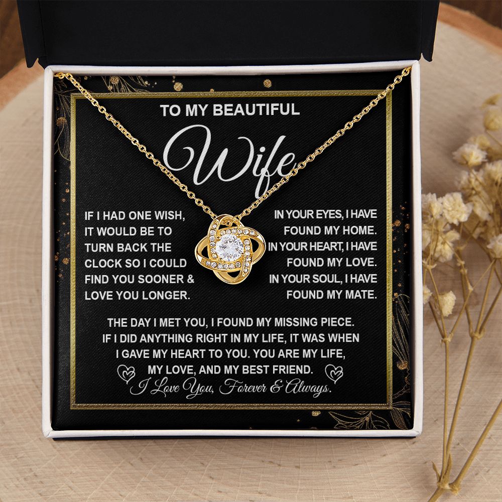 To My Beautiful Wife Necklace Gift for Her, Soulmate for Wife Valentine Gifts from Husband, Wedding Jewelry for Women, Soulmate Gifts, Message Card and Necklace Gifts Box Gift Box Styles on Birthday, Wedding, Anniversary, Valentine Love knot Thang