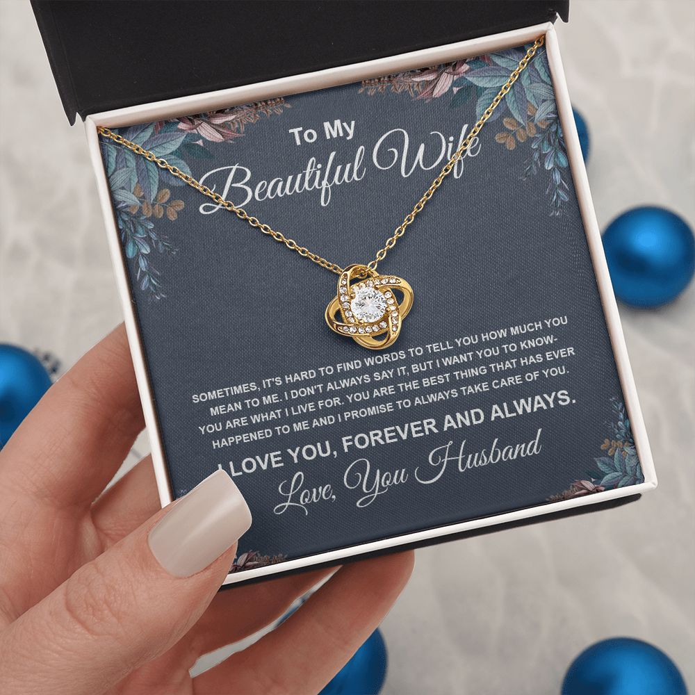 To My Beautiful Wife Necklace From Husband Pendant Jewelry with Message Card and Box Necklaces for Women Valentines Day Happy Anniversary Wedding Present for Birthday Merry Christmas for Wife Necklace Love knot Thang