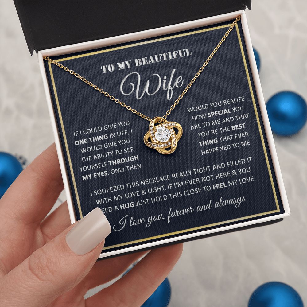 Couples Gifts, My Beautiful Wife Necklace Gifts From Husband, Wedding Anniversary For Wife From Husband, To My Beautiful Soulmate Necklace, Necklace Custom Name Message Card and Gift Box Styles on Birthday, Christmas, Wedding, Anniversary Love knot Thang