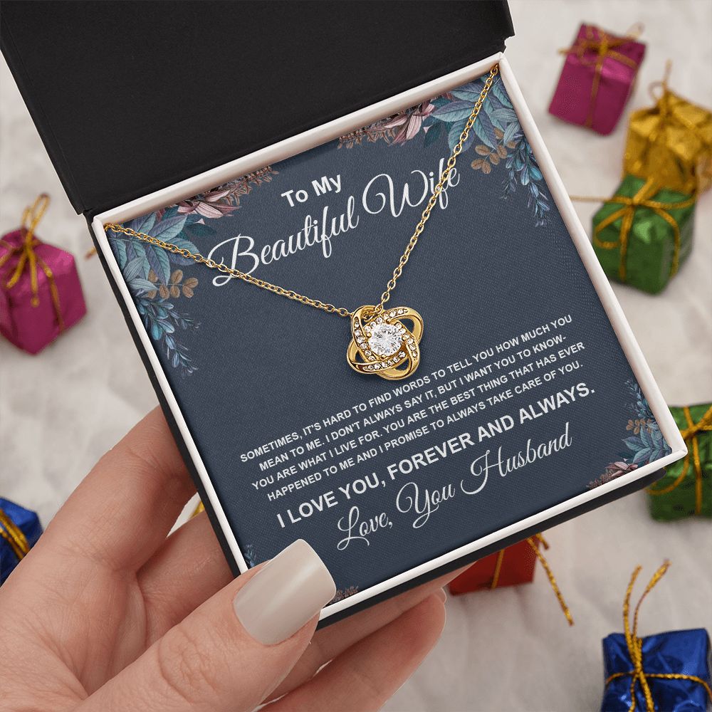 To My Beautiful Wife Necklace From Husband Pendant Jewelry with Message Card and Box Necklaces for Women Valentines Day Happy Anniversary Wedding Present for Birthday Merry Christmas for Wife Necklace Love knot Thang