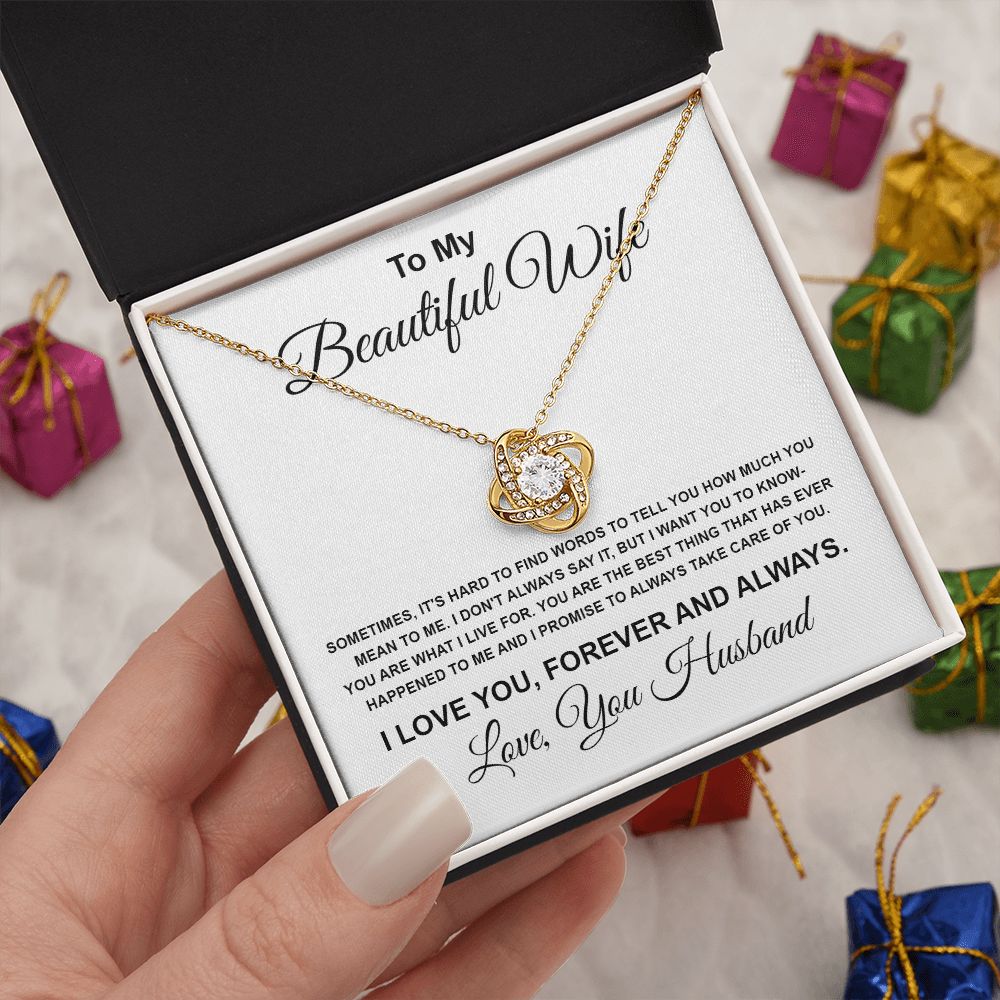 To My Beautiful Wife Necklace From Husband Pendant Jewelry with Message Card and Box Necklaces for Women Valentines Day Happy Wedding Present for Birthday Merry Christmas for Wife Love knot Thang