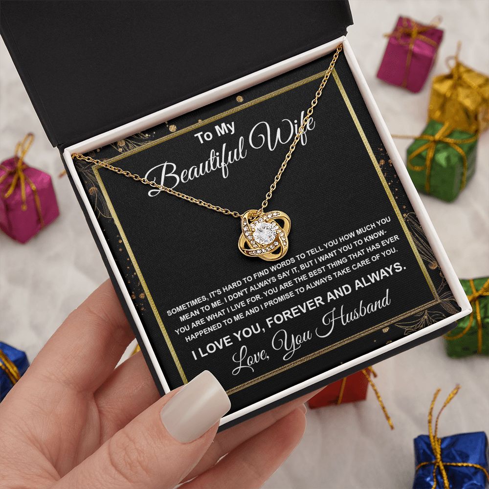 To My Beautiful Wife Necklace From Husband Pendant Jewelry with Message Card and Box Necklaces for Women Valentines Day Happy Anniversary Wedding Present for Birthday, Merry Christmas for Wife Love knot Thang