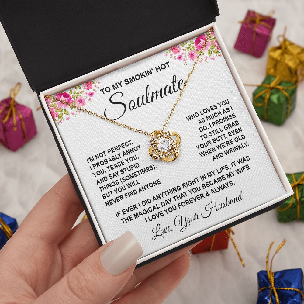 Soulmate Necklace Gifts from Husband, Wedding Anniversary Gifts for Wife from Husband, Wife Valentine Gifts from Husband, To My Wife Necklace Message Card and Necklace Gifts Box Gift Box Styles on Birthday, Wedding, Anniversary, Valentine Love knot Thang