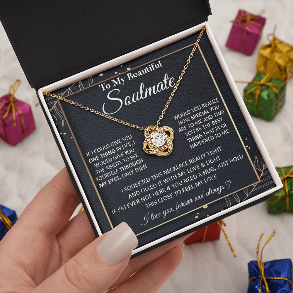 Couples Gifts To My Beautiful Soulmate Necklace From Husband, Anniversary For Wife From Husband, Wife Wedding From Husband, To My Wife, Necklace Custom Name Message Card and Gift Box Styles on Birthday, Christmas, Wedding, Anniversary Love knot Thang