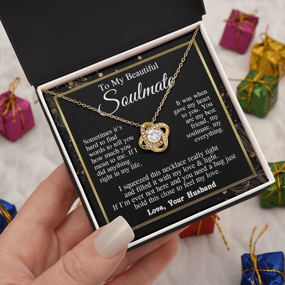 Soulmate Necklace from Husband, Valentine Romantic Gift for Wife from Husband to My Wife Necklaces, Wife Jewelry Necklace Message Card and Necklace Gift Box Gift Box Styles on Birthday, Wedding, Anniversary, Valentine Love knot Thang