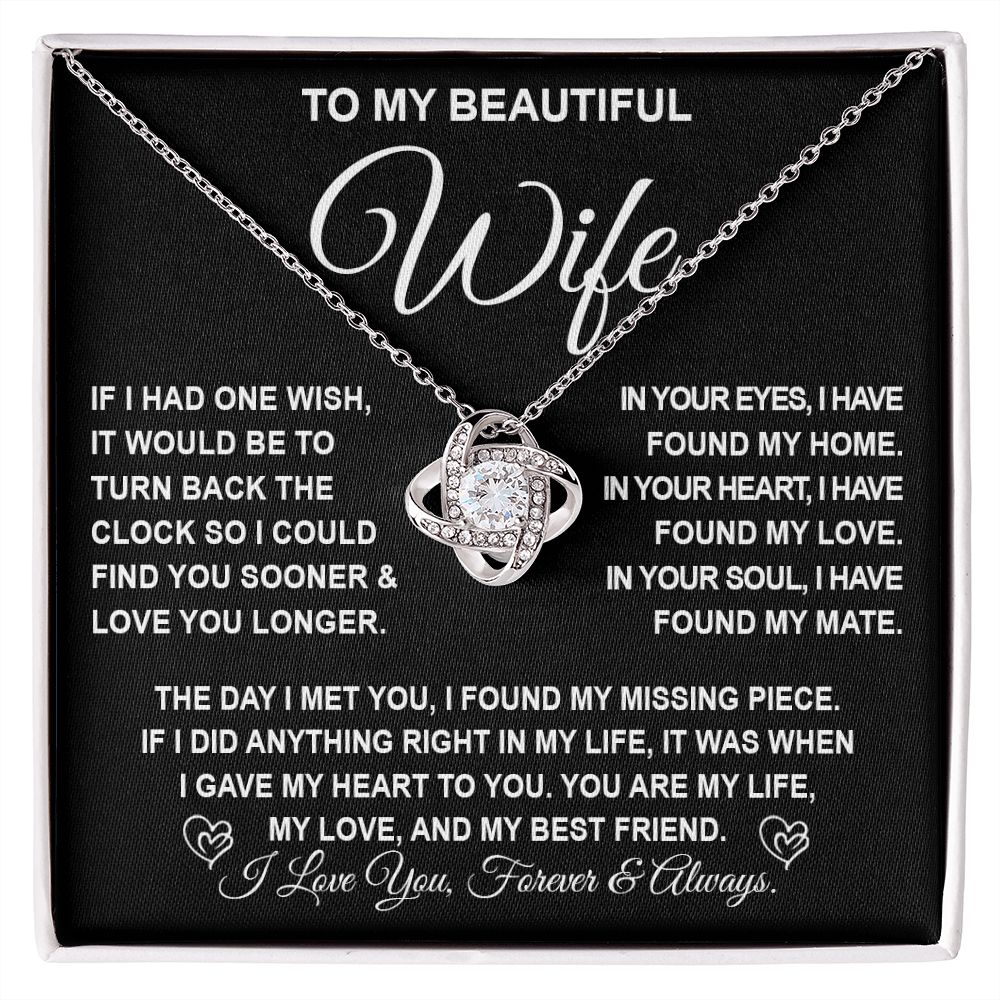 To My Beautiful Wife Necklace Gift for Her, Soulmate for Wife Birthday Gifts from Husband, Valentine Jewelry for Women, Soulmate Gifts, Message Card and Necklace Gifts Box Gift Box Styles on Birthday, Wedding, Anniversary, Valentine Love knot Thang