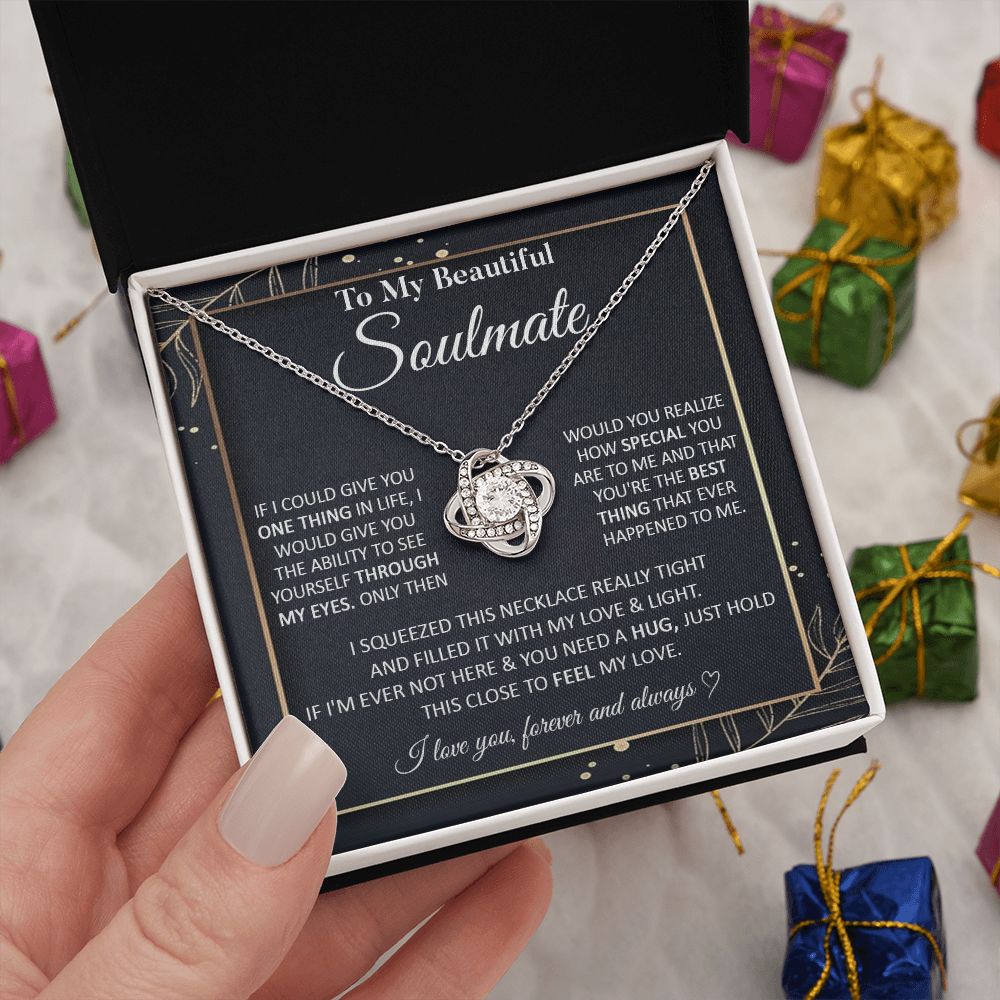 Couples Gifts To My Beautiful Soulmate Necklace From Husband, Anniversary For Wife From Husband, Wife Wedding From Husband, To My Wife, Necklace Custom Name Message Card and Gift Box Styles on Birthday, Christmas, Wedding, Anniversary Love knot Thang