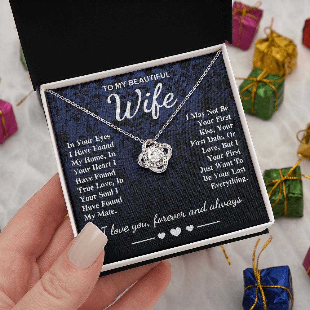 To My Beautiful Wife Necklace Gift, Soulmate for Wife Birthday Gifts from Husband, Wedding for Women, Soulmate Gifts, Message Card and Necklace Gifts Box Gift Box Styles on Birthday, Wedding, Anniversary, Valentine Love knot Thang