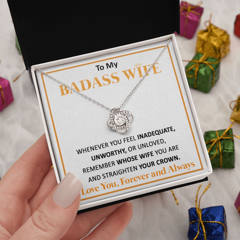 Couples Gifts, To My Badass Dear Wife Necklace Gifts From Husband, Wedding Anniversary For Wife From Husband, Wife Birthday From Husband, Necklace Custom Name Message Card and Gift Box Styles on Birthday, Christmas, Wedding, Anniversary Love knot Thang