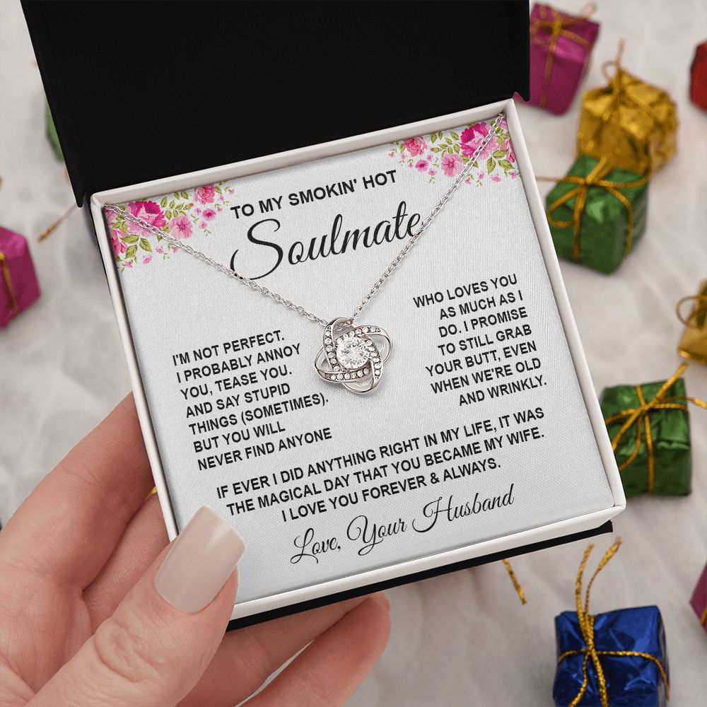 Soulmate Necklace Gifts from Husband, Wedding Anniversary Gifts for Wife from Husband, Wife Valentine Gifts from Husband, To My Wife Necklace Message Card and Necklace Gifts Box Gift Box Styles on Birthday, Wedding, Anniversary, Valentine Love knot Thang