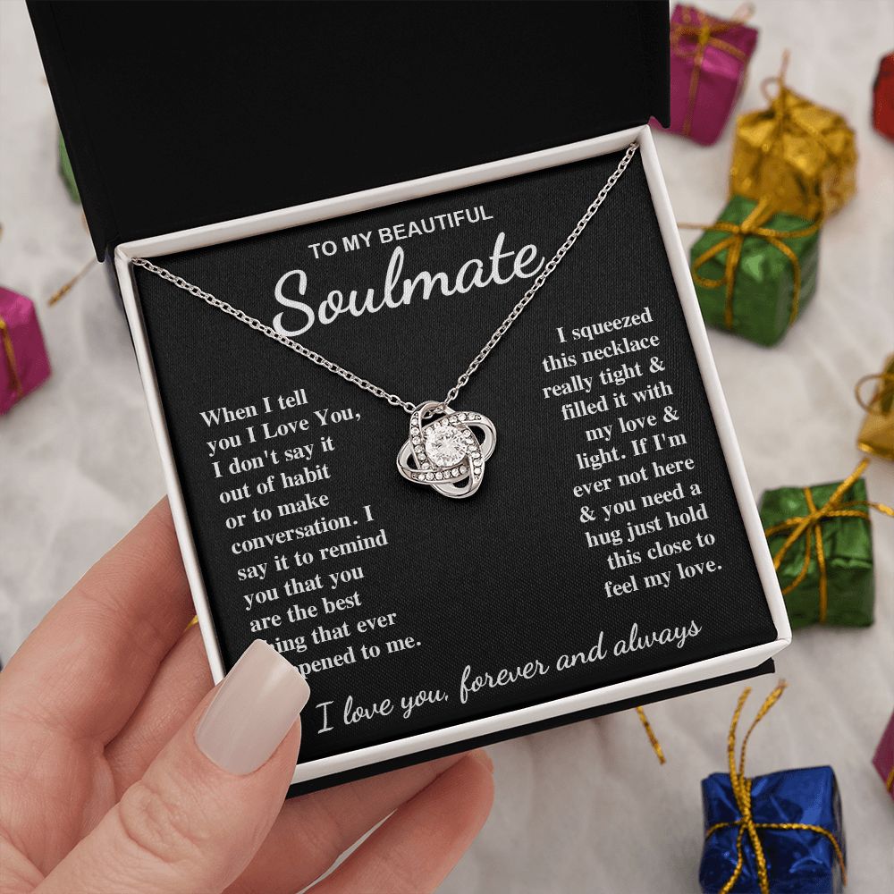 To My Beautiful Soulmate Necklace Gifts for Her, Soulmate for Wife Birthday Gifts from Husband, Valentine for Women, Soulmate Gifts, Message Card and Necklace Gifts Box Gift Box Styles on Birthday, Wedding, Anniversary, Valentine Love knot Thang
