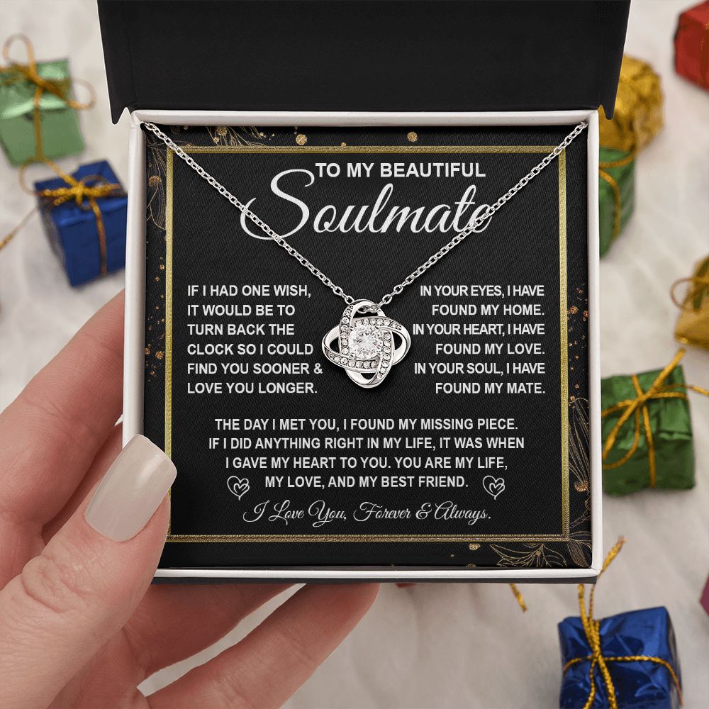 To My Beautiful Soulmate Necklace Gift for Her, Soulmate for Wife Valentine Gifts from Husband, Wedding Jewelry for Women, Soulmate Gifts, Message Card and Necklace Gifts Box Gift Box Styles on Birthday, Wedding, Anniversary, Valentine Love knot Thang