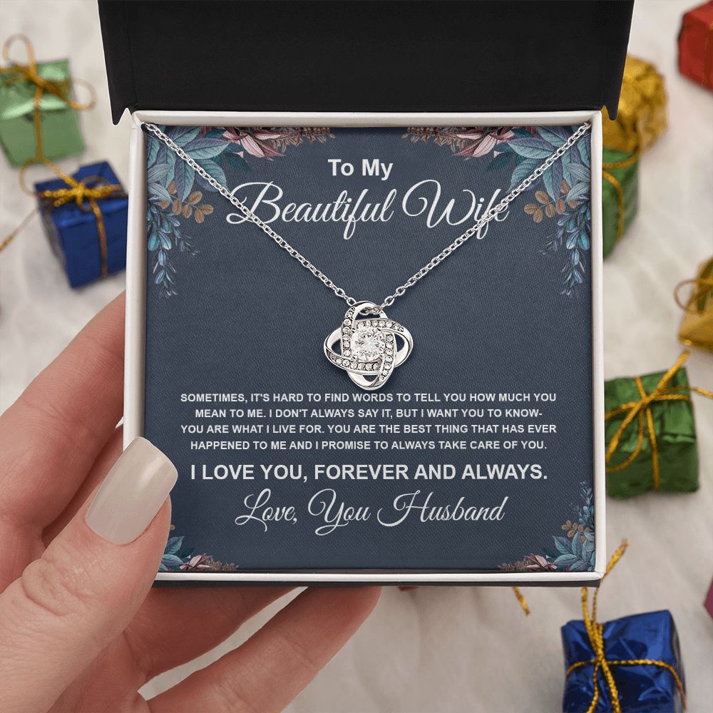 To My Beautiful Wife Necklace From Husband Pendant Jewelry with Message Card and Box Necklaces for Women Valentines Day Happy Anniversary Wedding Present for Birthday Merry Christmas for Wife Necklace Love knot Thang