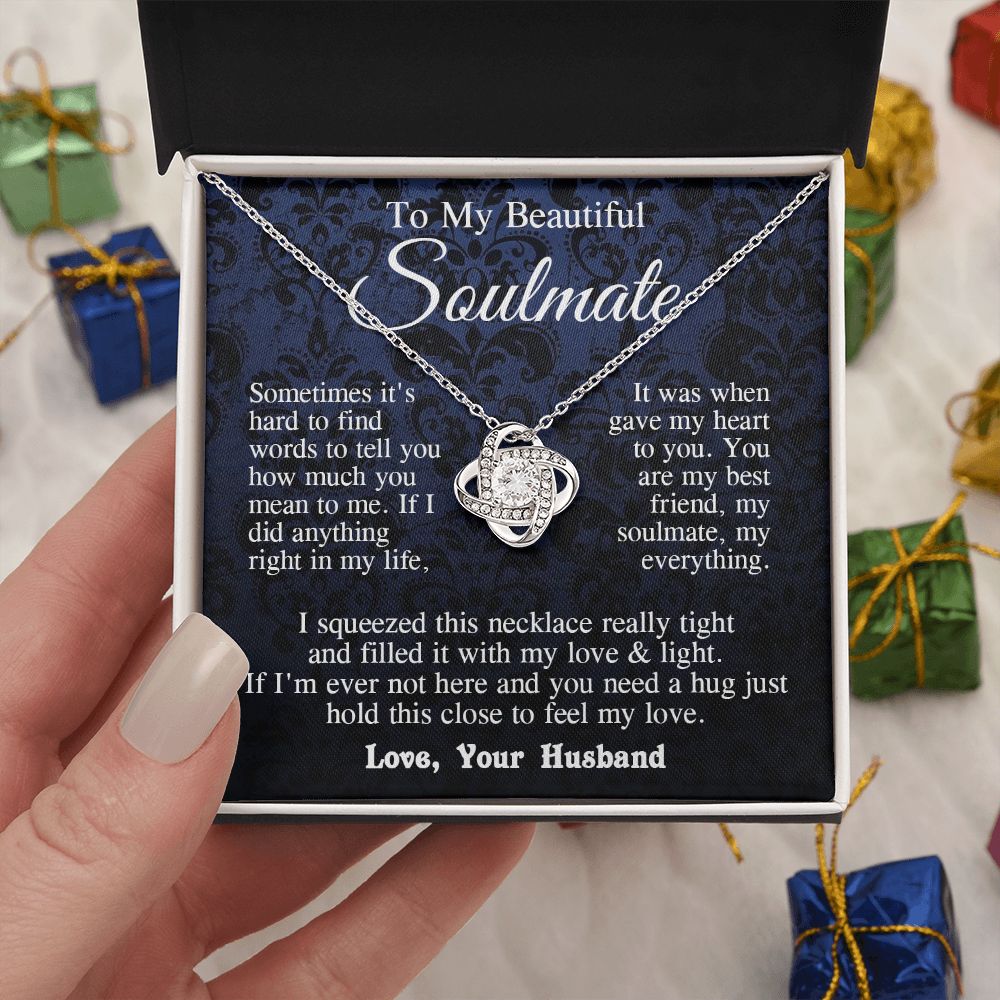 Soulmate Necklace from Husband, Anniversary Romantic Gift for Wife from Husband to My Wife Necklaces for Wife Birthday Gifts, Wife Jewelry Necklace Message Card and Necklace Gift Box Gift Box Styles on Birthday, Wedding, Anniversary, Valentine Love knot T