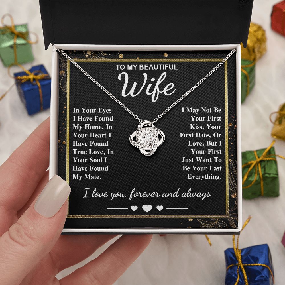 To My Beautiful Wife Necklace Gift, Soulmate for Wife Valentine Gifts from Husband, Wedding for Women, Soulmate Gifts, Message Card and Necklace Gifts Box Gift Box Styles on Birthday, Wedding, Anniversary, Valentine Love knot Thang