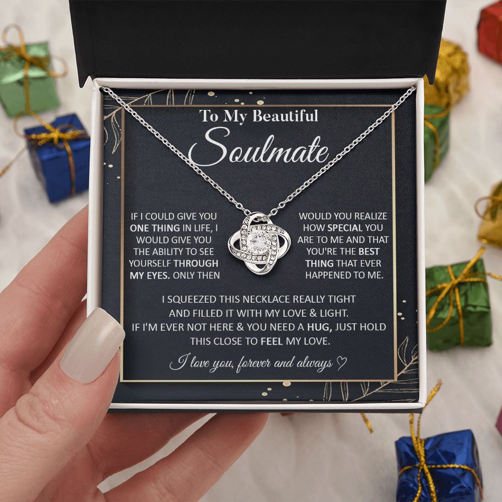 Couples Gifts To My Beautiful Soulmate Necklace From Husband, Anniversary For Wife From Husband, Wife Wedding From Husband, To My Wife, Necklace Custom Name Message Card and Gift Box Styles on Birthday, Christmas, Wedding, Anniversary Love knot Thang