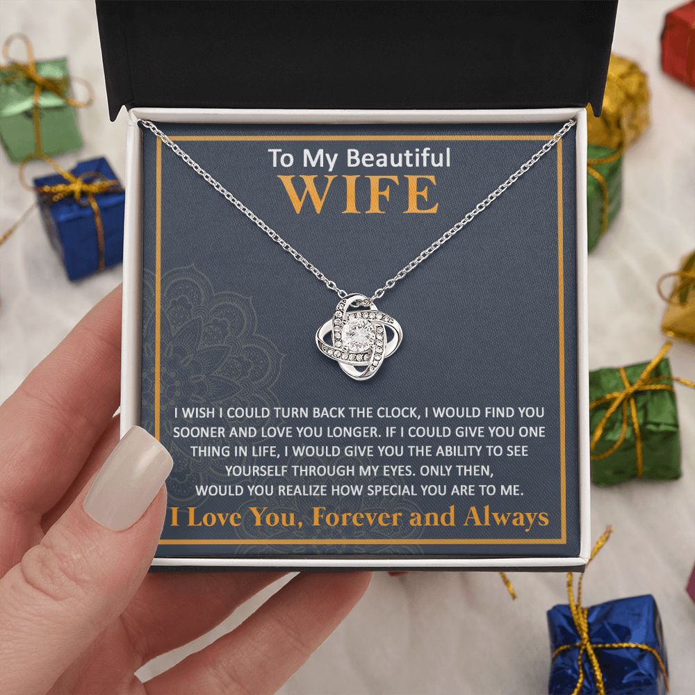 Couples Gifts, To My Beautiful Wife Necklace From Husband, Wedding Anniversary For Wife From Husband, Wife Wedding From Husband, To My Wife, Necklace Custom Name Message Card and Gift Box Styles on Birthday, Christmas, Wedding, Anniversary Love knot Thang