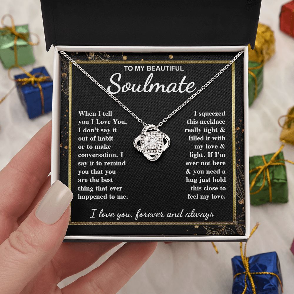 To My Beautiful Soulmate Necklace Gift for Her, Soulmate for Wife Valentine Gifts from Husband, Wedding for Women, Soulmate Gifts, Message Card and Necklace Gifts Box Gift Box Styles on Birthday, Wedding, Anniversary, Valentine Love knot Thang
