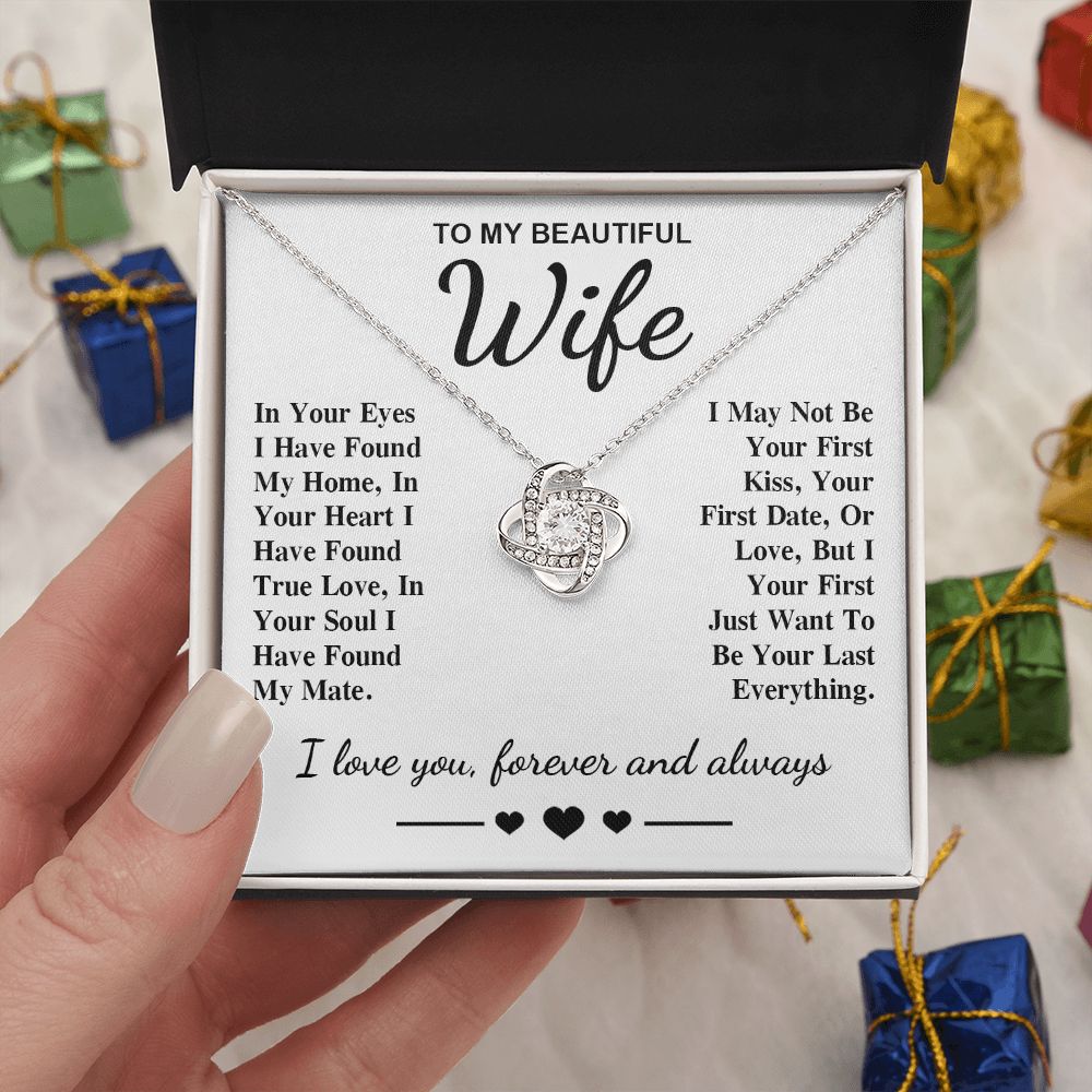 To My Beautiful Wife Necklace Gift, Soulmate for Wife Birthday Gifts from Husband, Anniversary for Women, Soulmate Gifts, Message Card and Necklace Gifts Box Gift Box Styles on Birthday, Wedding, Anniversary, Valentine Love knot Thang