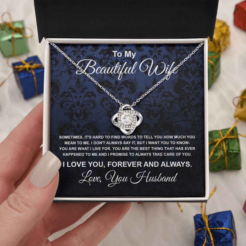 To My Beautiful Wife Necklace From Husband Pendant Jewelry with Message Card and Box Necklaces for Women Valentines Day Happy Anniversary Wedding Present for Birthday Merry Christmas for Wife Love knot Thang
