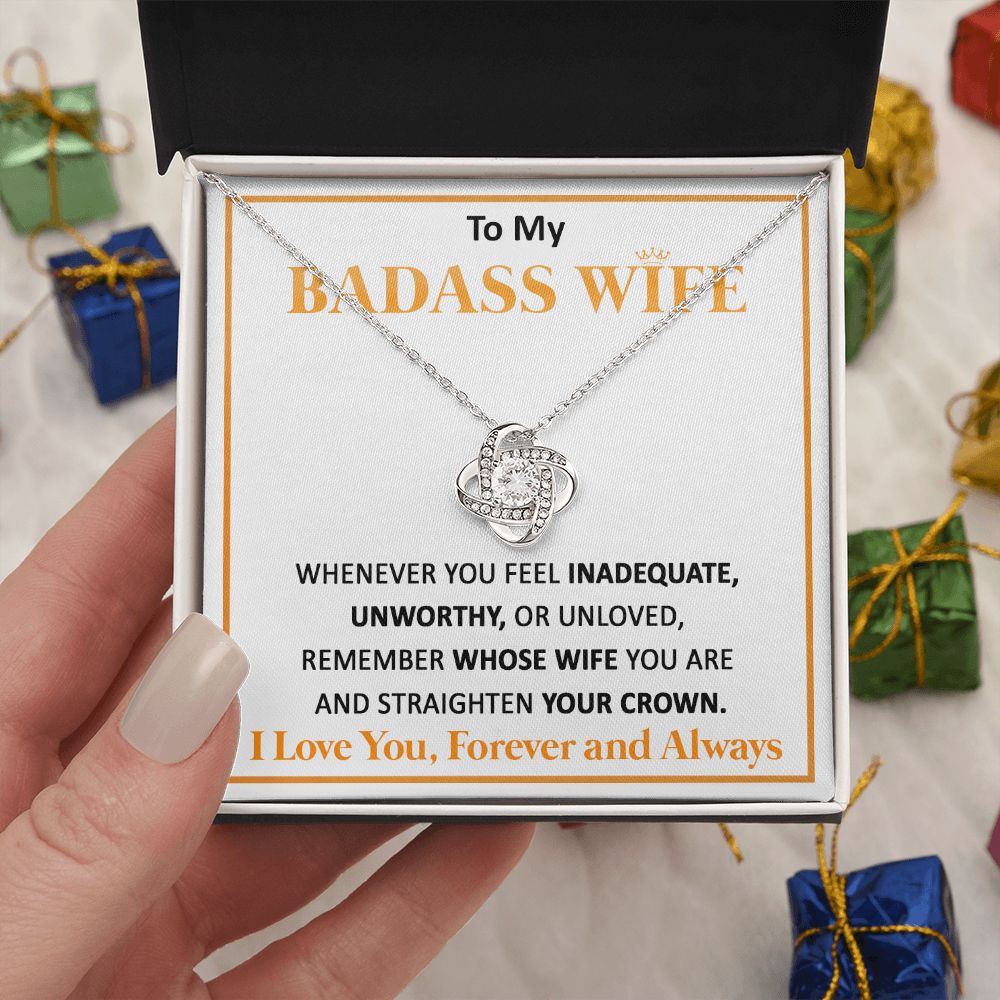 Couples Gifts, To My Badass Dear Wife Necklace Gifts From Husband, Wedding Anniversary For Wife From Husband, Wife Birthday From Husband, Necklace Custom Name Message Card and Gift Box Styles on Birthday, Christmas, Wedding, Anniversary Love knot Thang